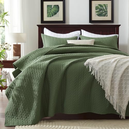 SunStyle Home Olive Green Queen Quilt Bedding Set, Lightweight Comforter Bedspread Blanket Full Queen Size Quilt, Luxury Quilted Stitching Coverlet with 2 Pillow Shams Leaf Embroidered Pattern 3pcs - Image 5