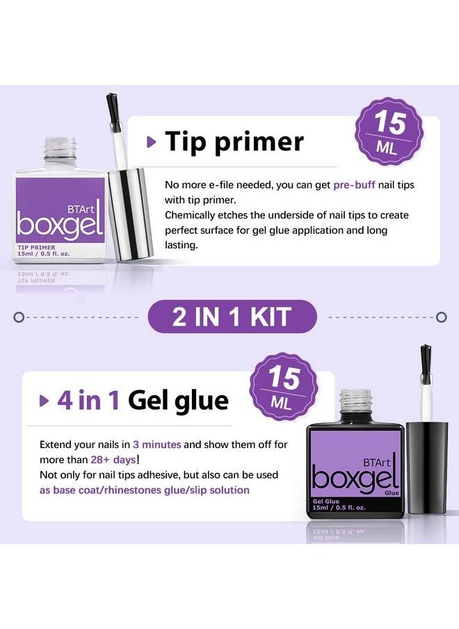 BTArtbox - Gel Nail Gl Ue And Tip Primer Set Btartbox Nail Tips Buff Effect Tip Primer And Long Lasting Super Strong 4 In 1 Gel Nail Glue For Acrylic Nails Cure Needed Uv Nail Glue For Press On Nails - Image 1