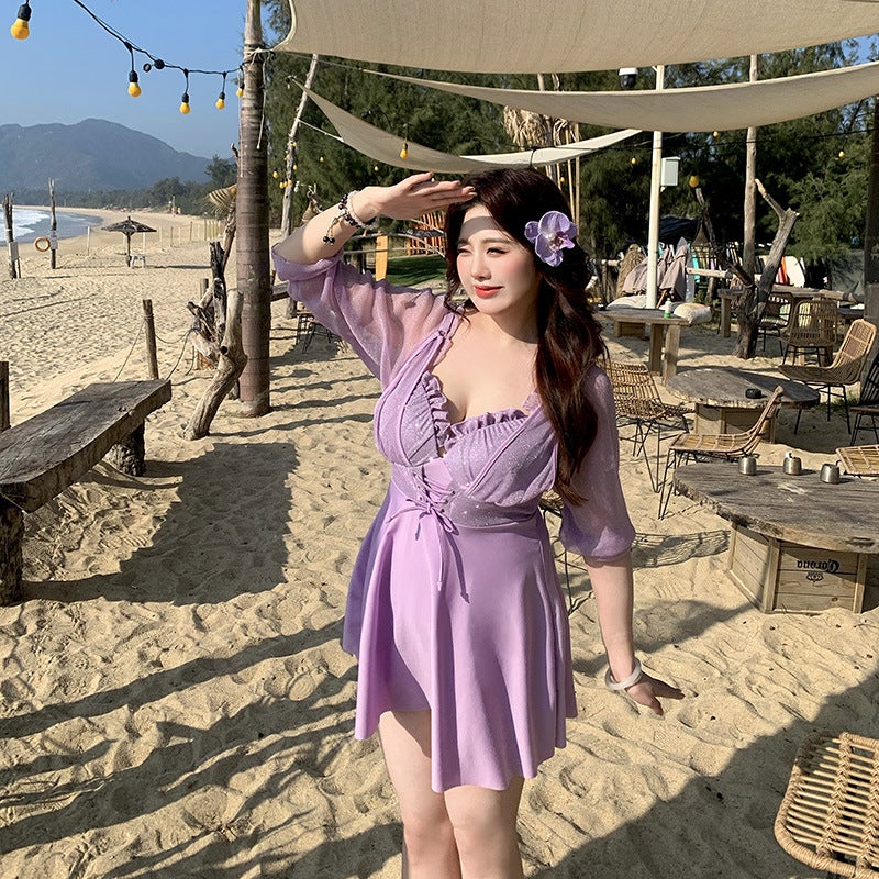 بدلة سباحة للنساء بحجم كبير تنورة قطعة واحدة دعم فولاذي تجمع قليلاً الدهون 200 كجم تغطية البطن نحيف كم طويل فتاة سمينة - Image 2