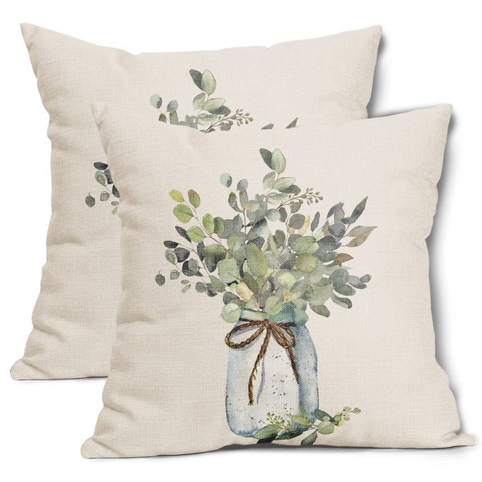 GREEN EUCALYPTUS LEAVES PILLOW COVERS 18X18 INCH SPRING SUMMER FARMHOUSE COUCH PILLOW CASES WATERCOLOR LEAF THROW PILLOWS SET OF 2 HOME DECOR FOR LIVING ROOM BEDROOM BED CUSHION OUTDOOR