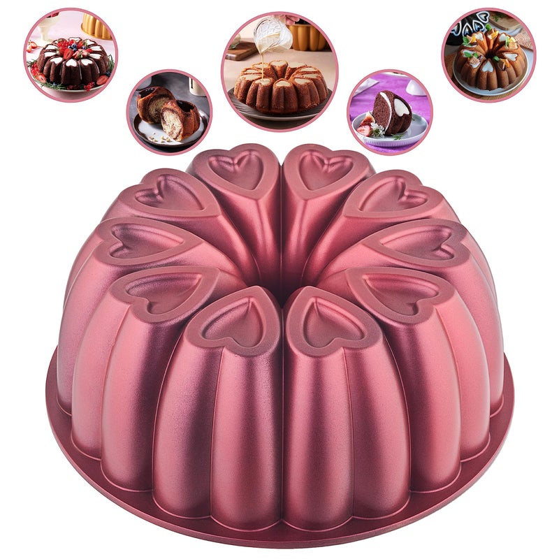 MIENCA Heart Shape Aluminum Cake Pan Titanium Coating NonStick 12 Cups Heavy Duty Gifts for Mom Bundt Cake Pan 10 Inch Baking Mold Cast Aluminum Fluted Tube Pan Easy to Clean Red