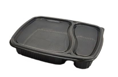 SHOP  SHOPPEE طبق وجبة غير قابل للكسر مع غطاء 2 قسم مقاوم للتسرب خالي من BPA صحن طعام لطلبات الطعام تغليف الحفلات 100 طبق مع أغطية آمن للاستخدام في الميكروويف أسود - Image 1
