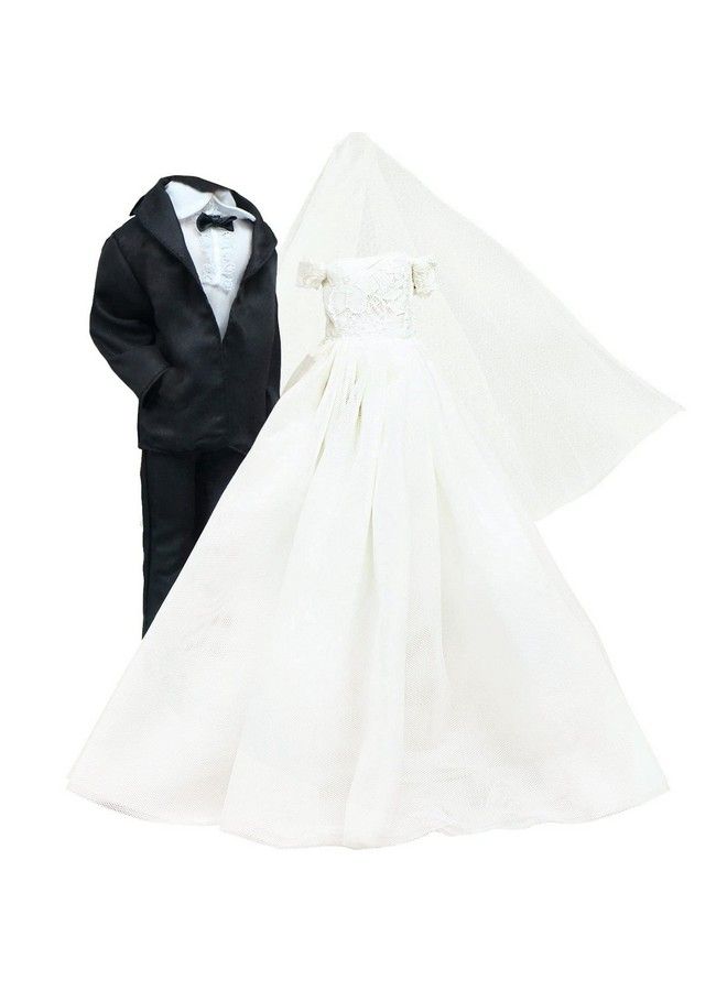 BJDBUS Wedding Set White Dress Bridal Veil And Groom Formal Suit Outfit For Boys Girl 11.5 In. Doll Clothes - Image 2