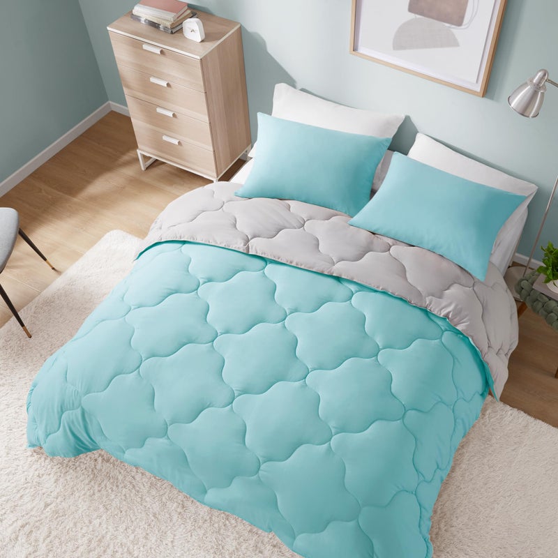Comfort Spaces Vixie Reversible Comforter Set - Trendy Casual Geometric Quilted Cover, All Season Down Alternative Cozy Bedding, Matching Sham, Aqua/Gray, Full/Queen 3 piece - Image 2