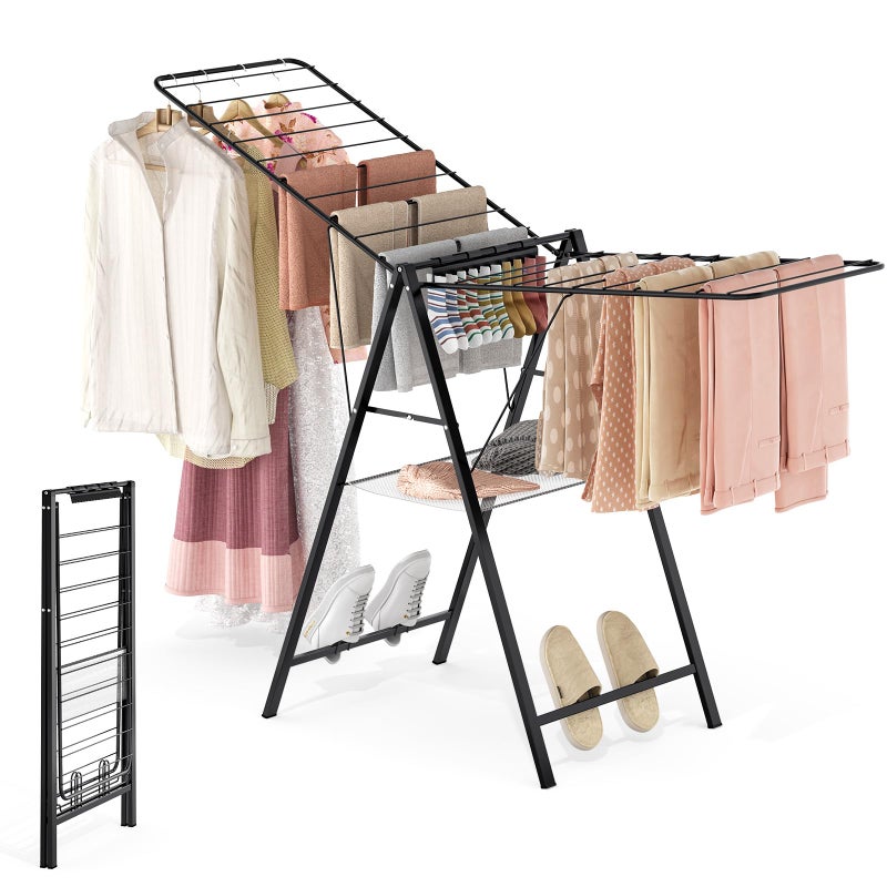APEXCHASER Clothes Drying Rack Foldable, Metal Laundry Drying Rack with Height Adjustable Rails, Ultra Thin Drying Rack Clothing Towel Sweater Shoe for Indoor Outdoor, Gullwing Clothes Airer, Black - Image 1