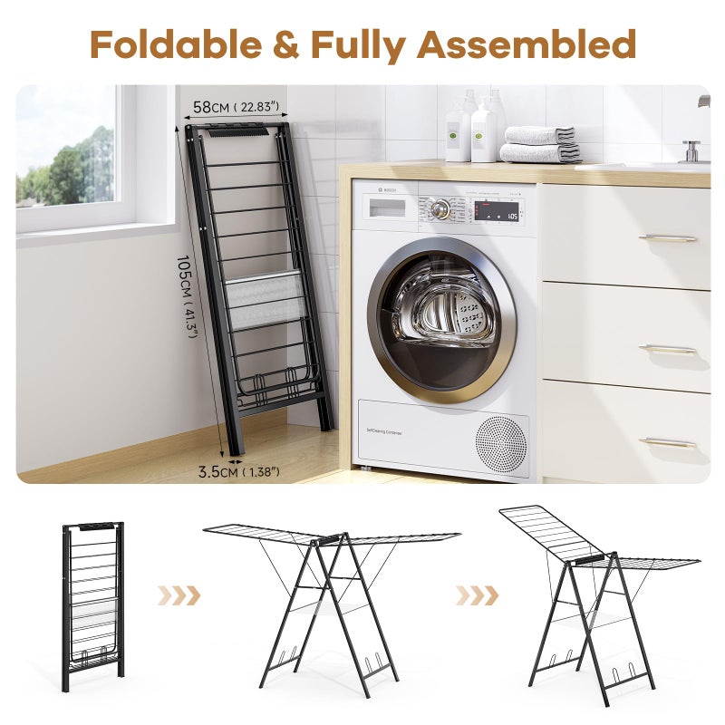 APEXCHASER Clothes Drying Rack Foldable, Metal Laundry Drying Rack with Height Adjustable Rails, Ultra Thin Drying Rack Clothing Towel Sweater Shoe for Indoor Outdoor, Gullwing Clothes Airer, Black - Image 4