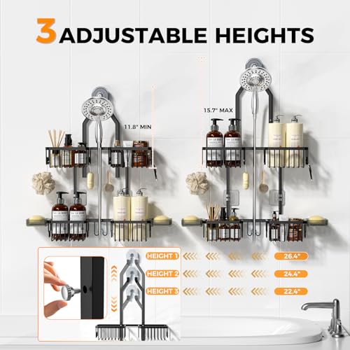 REINHARDT Aluminum Shower Caddy Hanging Adjustable Shower Caddy, Rustproof Hanging Shower Organizer with Hooks Soap Holders, Over Shower Head Caddy for Handheld Showerhead, Black - Image 2
