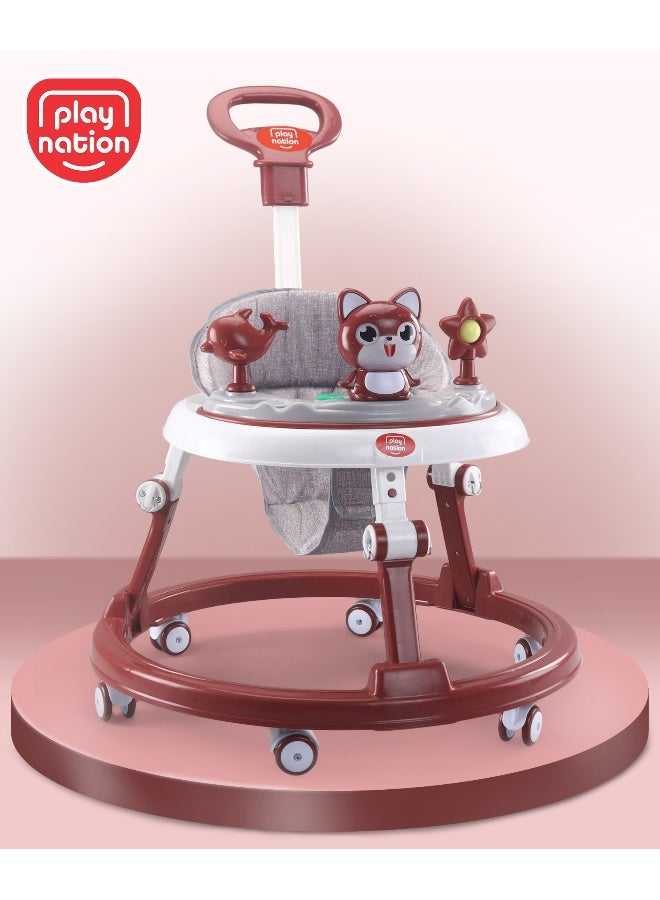 PlayNation Play Nation Multi Functional Baby Walker, Cat Theme, with Toy Bar, Adjustable Height, Music & Lights, 6 Months+, 205 x 66 x 52.5cm - Maroon - Image 1