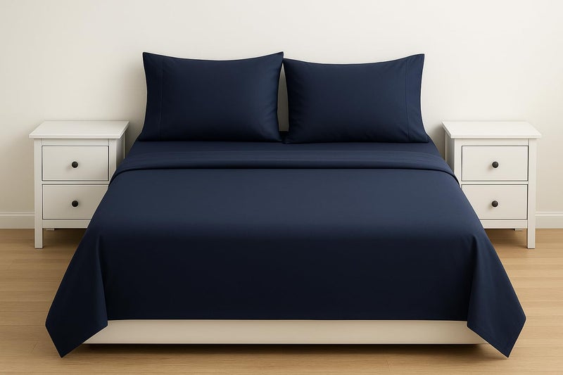 100% Natural Cotton Single Bed Sheet Set, Navy Blue, 3 Pcs, Flat Sheet 120cm with 2 Pillow Cases 50x70cm, Soft and Breathable