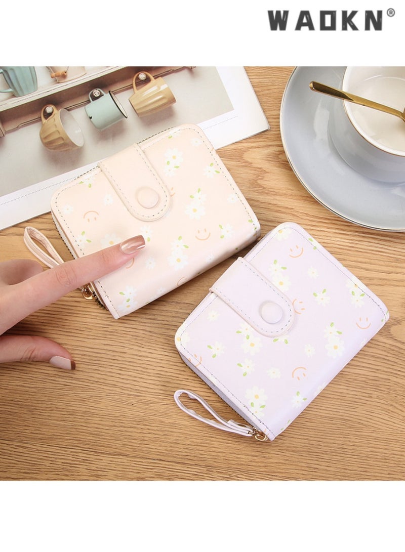 WAOKN Fashionable Korean-style Daisy Watercolor Art Print Short Women's Zippered Wallet, Delicate and Compact with Multiple Card Slots and Coin Compartment（Apricot）  - Image 4