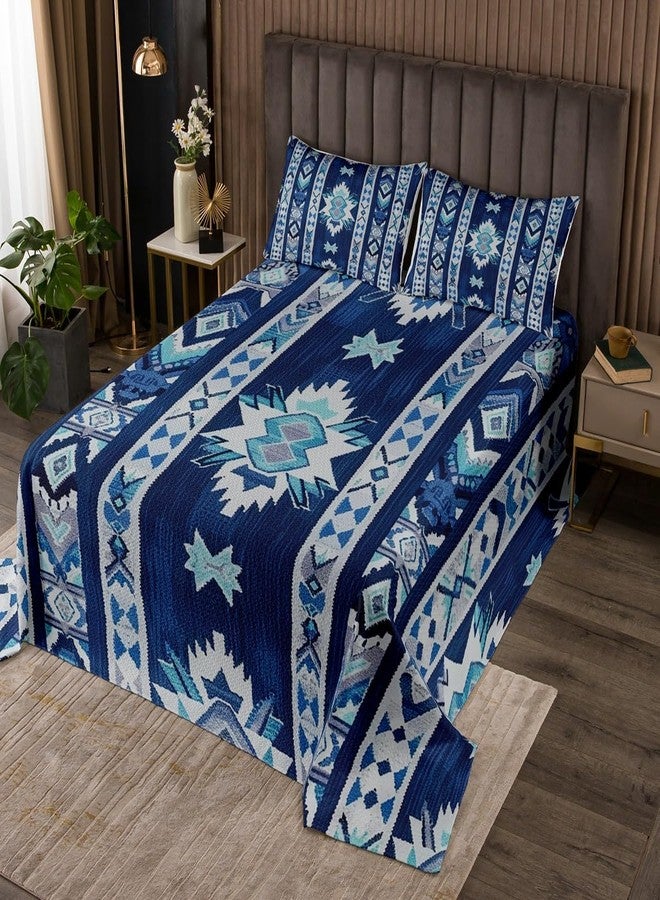 Feelyou غطاء سرير أزرق داكن من فيلييو، مقاس كوين، بتصميم هندسي مبطن للأطفال، مناسب للأولاد والمراهقين، بنمط قبلي مميز مستوحى من السكان الأصليين لأمريكا. طقم غطاء سرير مخطط ومبطن، ديكور غرفة نوم. - Image 1