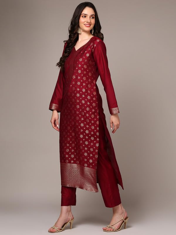 Vaamsi Women's Chanderi Ethnic Motifs Woven Design Straight Kurta Pant With Dupatta With Cotton Inner (PKSKD1977_Red_M) - Image 4