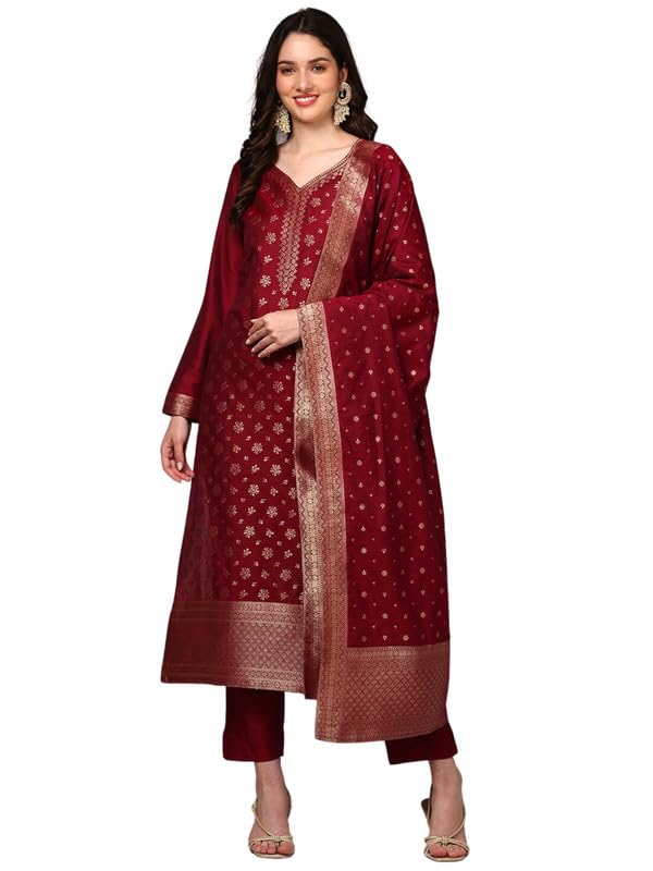 Vaamsi Women's Chanderi Ethnic Motifs Woven Design Straight Kurta Pant With Dupatta With Cotton Inner (PKSKD1977_Red_M) - Image 1