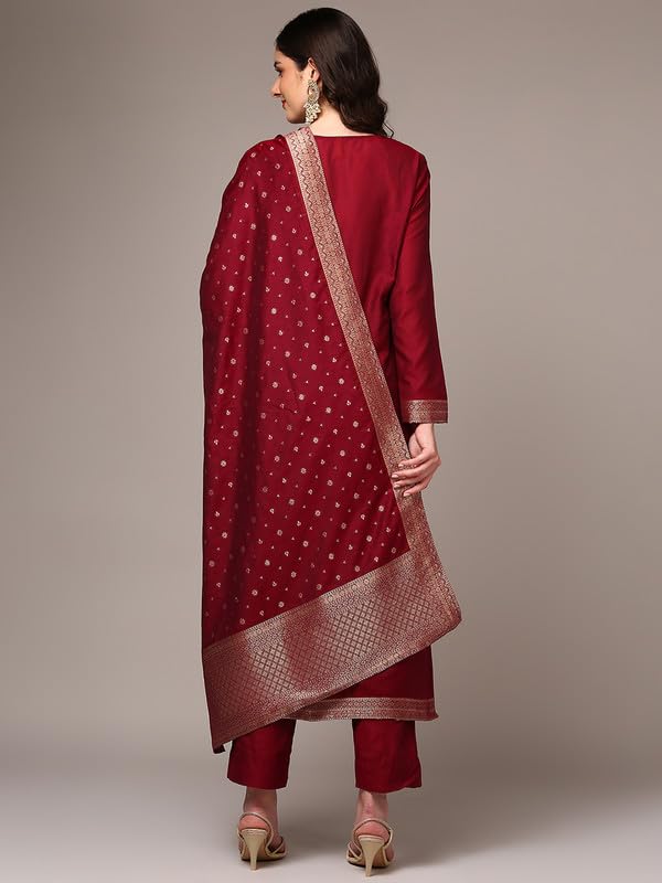 Vaamsi Women's Chanderi Ethnic Motifs Woven Design Straight Kurta Pant With Dupatta With Cotton Inner (PKSKD1977_Red_M) - Image 2