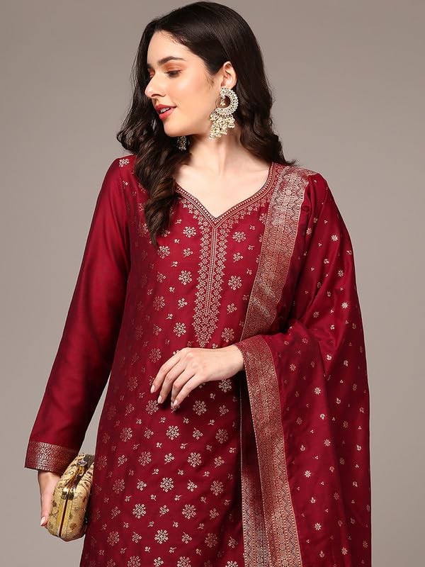 Vaamsi Women's Chanderi Ethnic Motifs Woven Design Straight Kurta Pant With Dupatta With Cotton Inner (PKSKD1977_Red_M) - Image 3