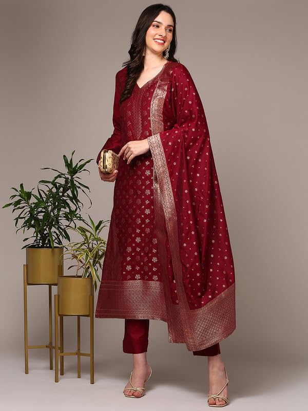 Vaamsi Women's Chanderi Ethnic Motifs Woven Design Straight Kurta Pant With Dupatta With Cotton Inner (PKSKD1977_Red_M) - Image 5