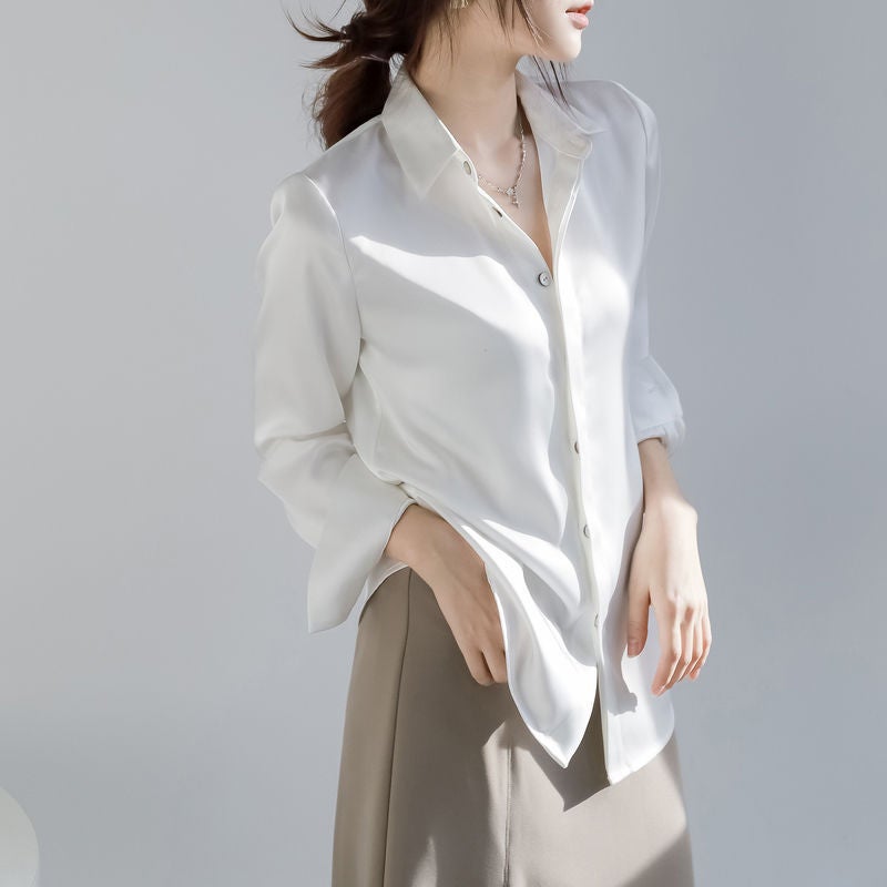 Spring/Summer 2024 New Style Simple Elegant Commuter Professional Shirt Womens Silky High-end Urban Style Long-sleeved Shirt White - Image 1
