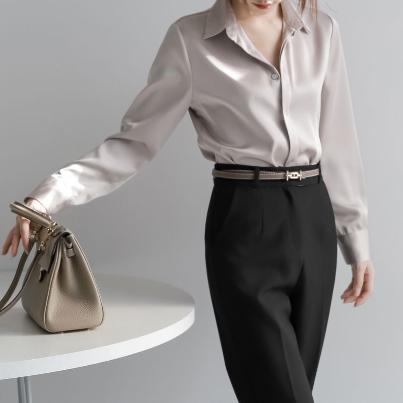 Spring/Summer 2024 New Style Simple Elegant Commuter Professional Shirt Womens Silky High-end Urban Style Long-sleeved Shirt White - Image 3
