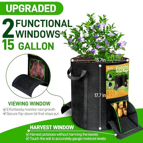 Mulctun 4 Pcs 15 Gallon Potato Grow Bags with Harvest Visible Windows Thickened Nonwoven Fabric Potato PlanterPotato Growing Containers with Sturdy Handles Potato Bags for Growing Potatoes Vegetables - Image 3