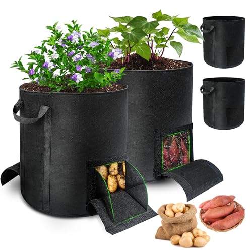 Mulctun 4 Pcs 15 Gallon Potato Grow Bags with Harvest Visible Windows Thickened Nonwoven Fabric Potato PlanterPotato Growing Containers with Sturdy Handles Potato Bags for Growing Potatoes Vegetables - Image 1