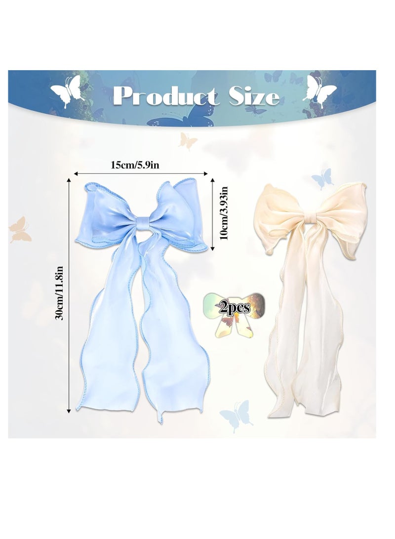 2 قطعة كبيرة القوس كليب لون نقي طويل صقيل القوس ، ومناسبة للفتيات ، ودبابيس الشعر ، الجنية الحرير الشريط القوس ، ومناسبة للفتيات ( الأزرق والبيج ) - Image 5