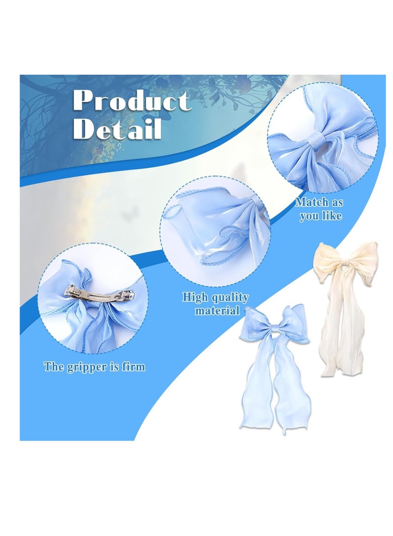 2 قطعة كبيرة القوس كليب لون نقي طويل صقيل القوس ، ومناسبة للفتيات ، ودبابيس الشعر ، الجنية الحرير الشريط القوس ، ومناسبة للفتيات ( الأزرق والبيج ) - Image 2