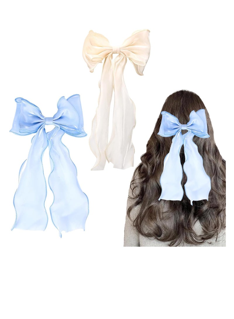 2 قطعة كبيرة القوس كليب لون نقي طويل صقيل القوس ، ومناسبة للفتيات ، ودبابيس الشعر ، الجنية الحرير الشريط القوس ، ومناسبة للفتيات ( الأزرق والبيج ) - Image 1