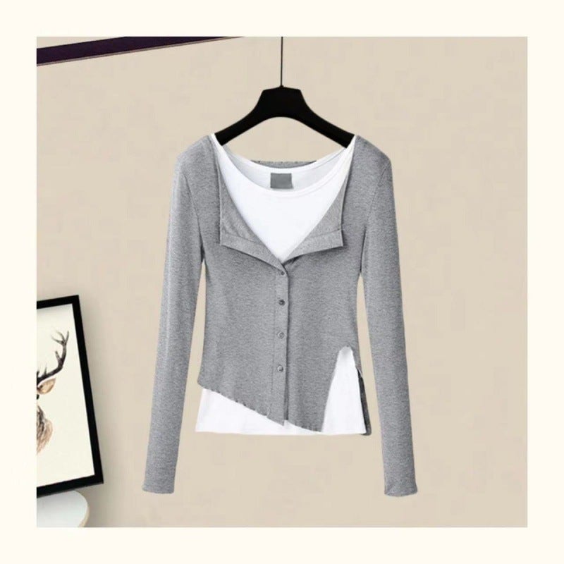 Early autumn three-piece womens top bottoming shirt with split pants casual pants suit 2023 New lazy style Gray coat one-piece 668