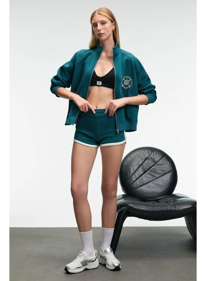 GRIMELANGE JUNELIA Women's Contrast Color Belted Regular Fit Short Dark Turquoise Shorts.