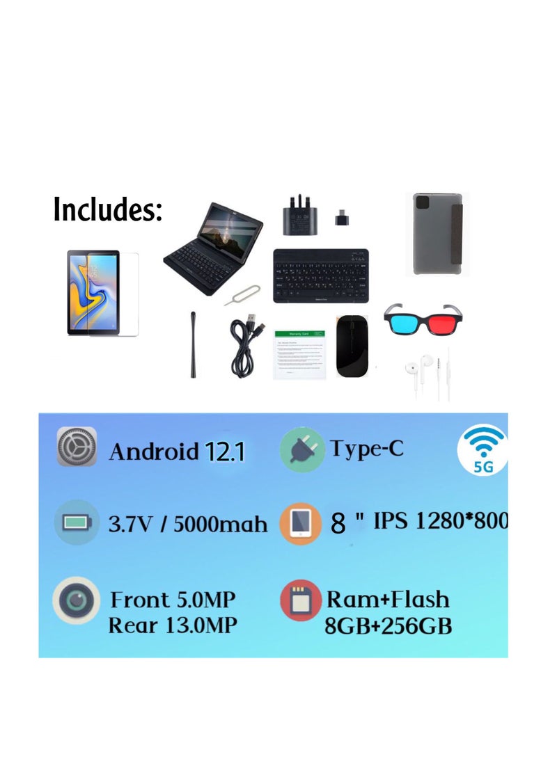 8 -Inch ITouch Smart Tablet S803 Android 12.1 Tab With 256GB ROM 8GB RAM Quad Core Wi-Fi 5G LTE Dual Sim with Wireless Keyboard Mouse and PU Tablet Cover - Black