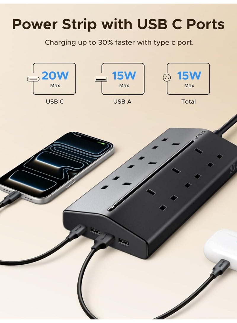Ugreen 10-in-1 Trapezoidal Power Strip, 6 Widely Spaced Outlets, 4 USB Ports (3A1C), GaN Charging Station with Overload Protector Extension Cord, Outlet Extender for Home/Office/Dorm/Travel (1.5M) - Image 2