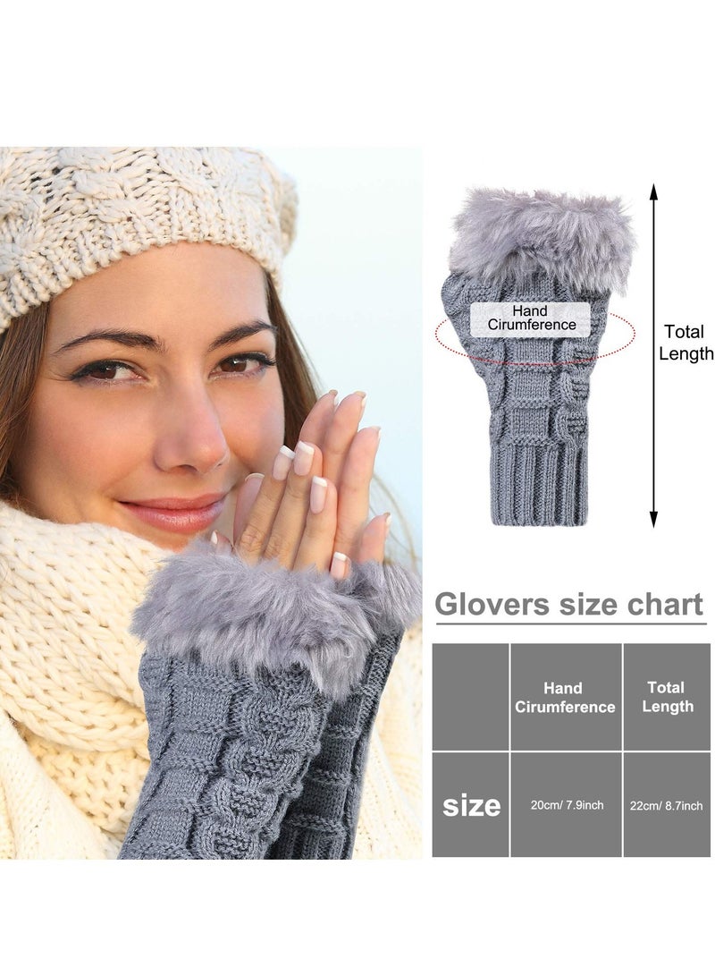 SOLARAE 3 Pairs Mid-Length Fingerless Gloves with Faux Fur & Crochet - Warm Winter Arm Warmers with Thumb Holes - Image 3