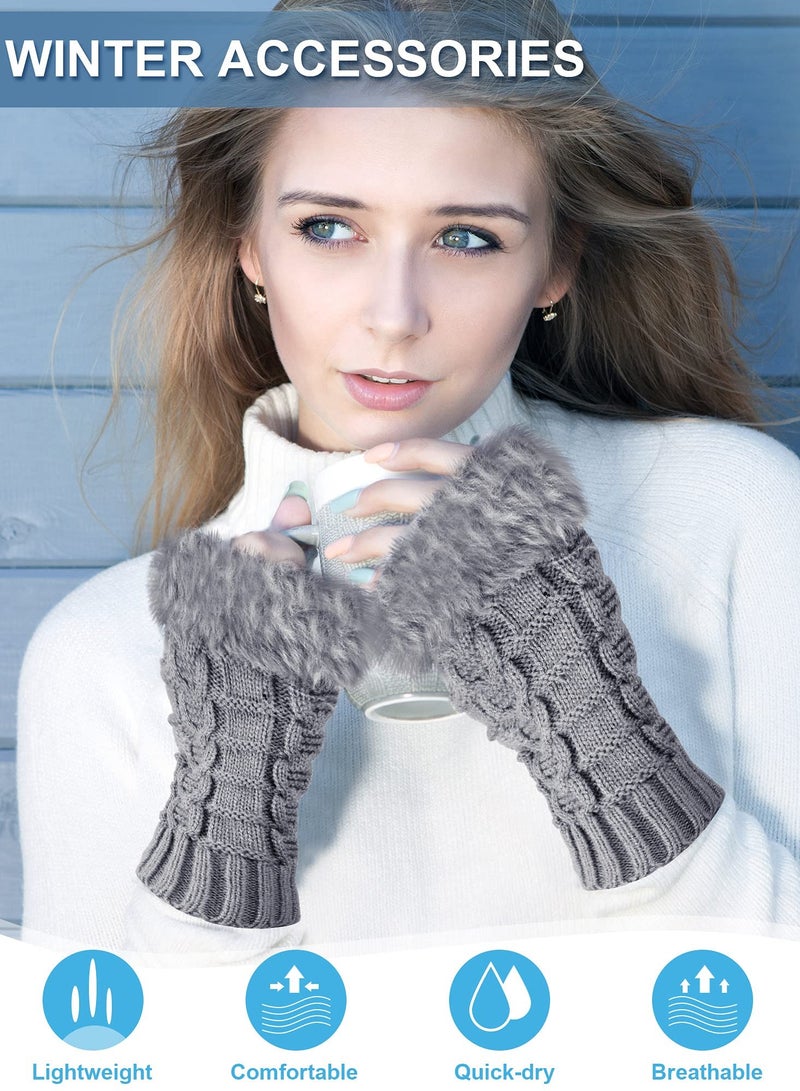 SOLARAE 3 Pairs Mid-Length Fingerless Gloves with Faux Fur & Crochet - Warm Winter Arm Warmers with Thumb Holes - Image 2