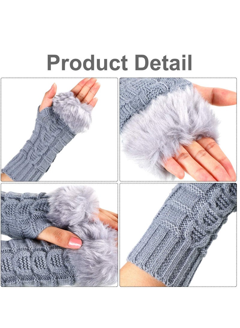 SOLARAE 3 Pairs Mid-Length Fingerless Gloves with Faux Fur & Crochet - Warm Winter Arm Warmers with Thumb Holes - Image 4