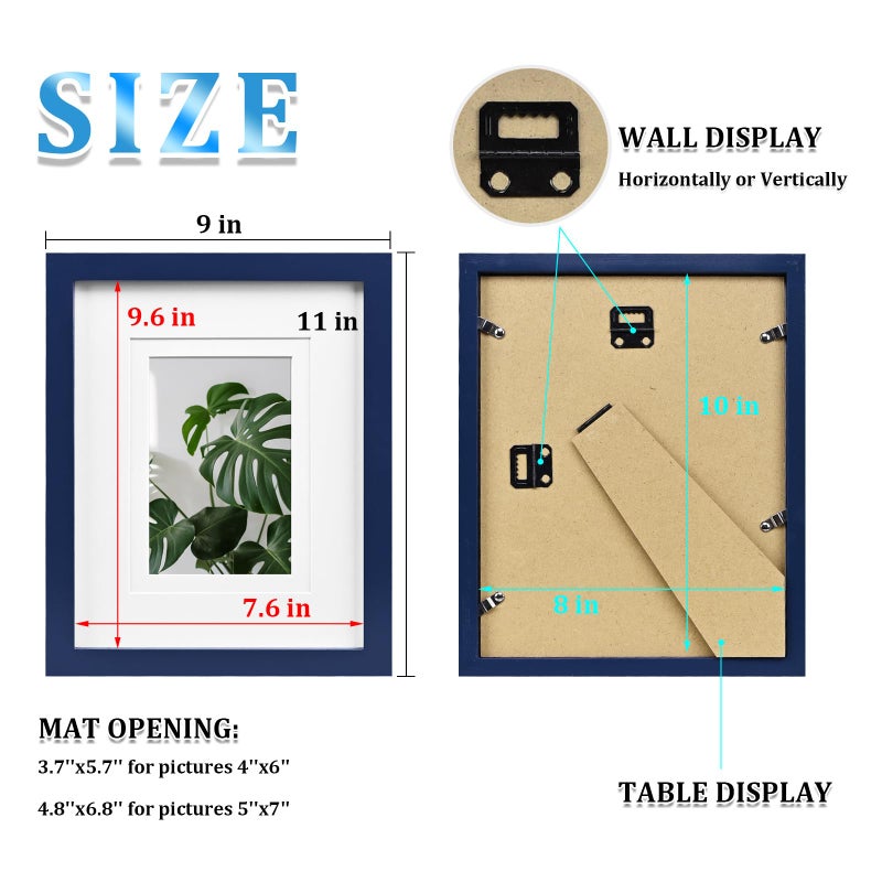 Egofine Egofine 8x10 Picture Frame Made of Solid Wood Covered by Plexiglass  Display Pictures 4x6/5x7 with Mat or 8x10 Without Mat for Table Top Display and Wall Mounting Photo Frame  Navy Blue  - Image 3