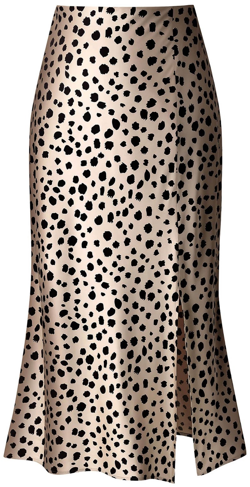 Keasmto Leopard Print Skirts for Women Midi Long High Waisted Satin Silk Trendy Summer Animal Party Aline Casual Side Split Hem Sexy Slit Skirt Cheetah L - Image 1
