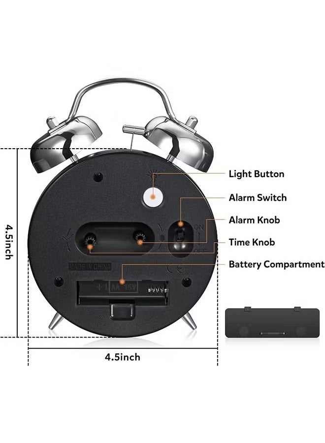 Bukela Loud Alarm Clock for Heavy Sleepers Adults,Retro 4 Inch Silent Non-Ticking Quartz with Backlight,Twin Bell Analog Kids Alarm Clocks for Bedrooms Bedside (Black) - Image 3