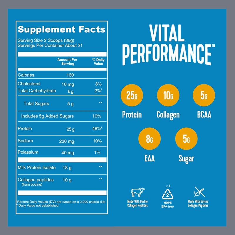 Vital Proteins مسحوق بروتين فيتال بيرفورمانس، 25 جرام بروتين حليب معزول خالي من اللاكتوز، مزيج كازين ووي، معتمد من NSF للرياضة، 10 جرام ببتيدات كولاجين من حيوانات تتغذى على العشب، 8 جرام أحماض أمينية أساسية، 5 جرام أحماض أمينية متفرعة، بنكهة فانيليا خالية من الجلوتين، 1.68 رطل - Image 2