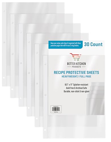 Better Kitchen Products Recipe Sheet Protectors Full Page, 8.5 x 11 inch, 30 Pack, Heavyweight, Top Load, by Better Kitchen Products, Page Protector Binder Sheets, 3-Hole Punched, for Recipe Binders, 30 Pack - Image 1