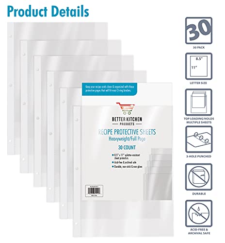 Better Kitchen Products Recipe Sheet Protectors Full Page, 8.5 x 11 inch, 30 Pack, Heavyweight, Top Load, by Better Kitchen Products, Page Protector Binder Sheets, 3-Hole Punched, for Recipe Binders, 30 Pack - Image 3