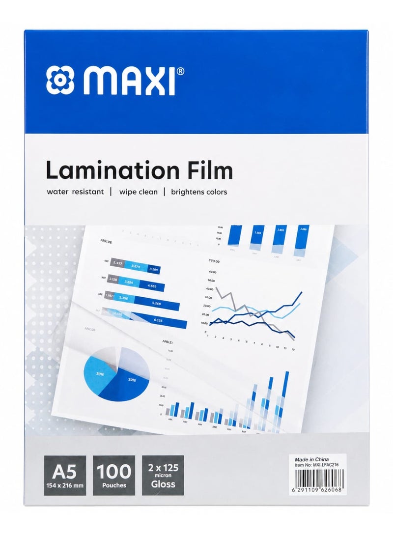 MAXI A5LAMINATING POUCHES GLOSSY 125 Micron, 100 Sheets Clear