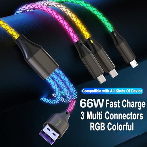 IHAO 3 in 1 Multi Connectors Charger Cable Micro USB/USB Type C PD Fast Charging Cord Light Up RGB Current Flowing Compatible with All Kinds of Cell Phones and Other Electric Products-RGB 39 inch - Image 3