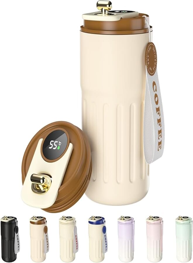 Homealexa كوب قهوة هوم أليكسا المحمول، شاشة عرض رقمية، كوب حراري، سعة 410 مل، مصنوع من الفولاذ المقاوم للصدأ 316، كوب سفر معزول حرارياً بتقنية التفريغ الهوائي، مانع للتسرب، مزود بغطاء.