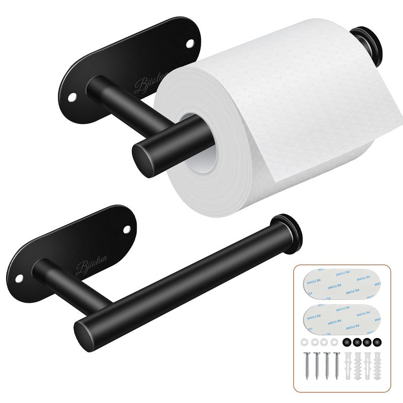 Bjiotun 2 Pack Toilet Paper Holder  Bjiotun Black Toilet Paper Holder Wall Mount for Bathroom Storage Stainless Steel Paper Towel Holder  Strong Adhesion  Screws