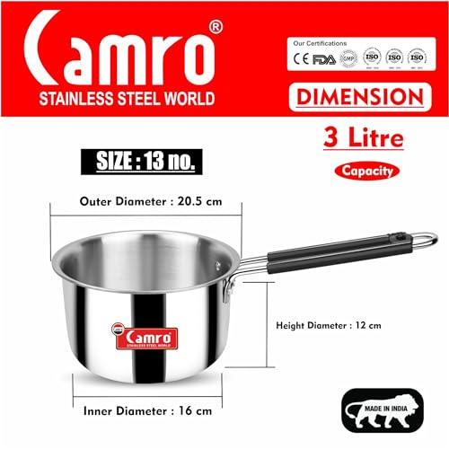 Camro Tripro Triply Artisian (13 No, 3 Liters) Tea Pan MilkPan Saucier Cooking Pot for Chai Boil Warm Herb-Spice-Infusion, Heat Resist Handle, Induction Friendly & Gas Ready 6-Year Warranty - Image 2