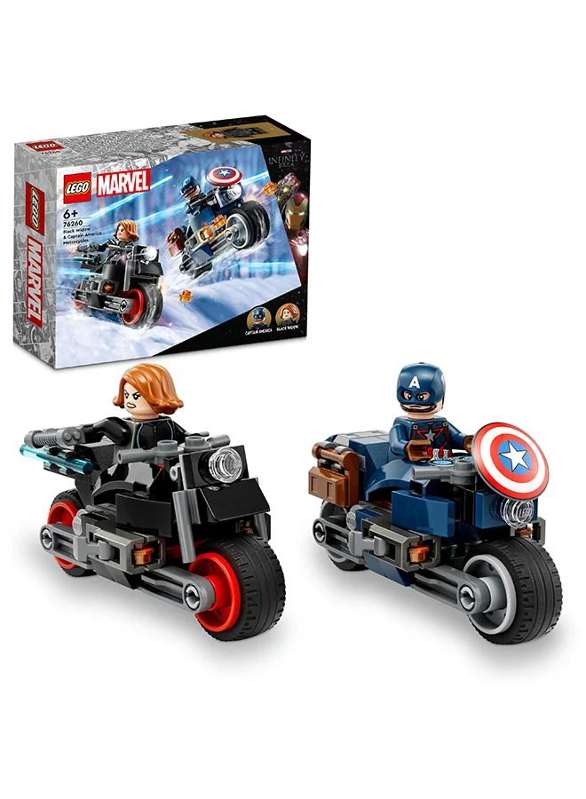 ليغو Marvel Black Widow & Captain America Motorcycles Building Toy Set; Super Hero Motorbike Playset Based On Marvel Studios’ Avengers: Age Of Ultron With 2 Minifigures; Gift For Kids Aged 6+ (130 Pieces) 76260