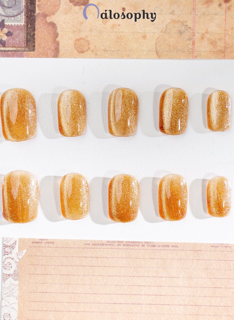 Nailosophy 10 Pcs Handmade Gel Press On Nails Short Round Amber Cat Eye Reusable False Nails Nail Kit for Women Daily Wear Office Wedding Party Eid - Image 3