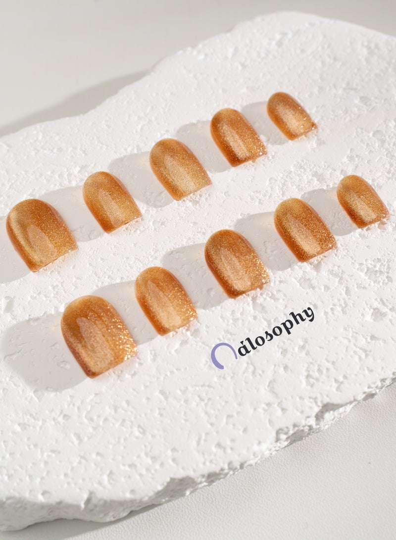 Nailosophy 10 Pcs Handmade Gel Press On Nails Short Round Amber Cat Eye Reusable False Nails Nail Kit for Women Daily Wear Office Wedding Party Eid - Image 4