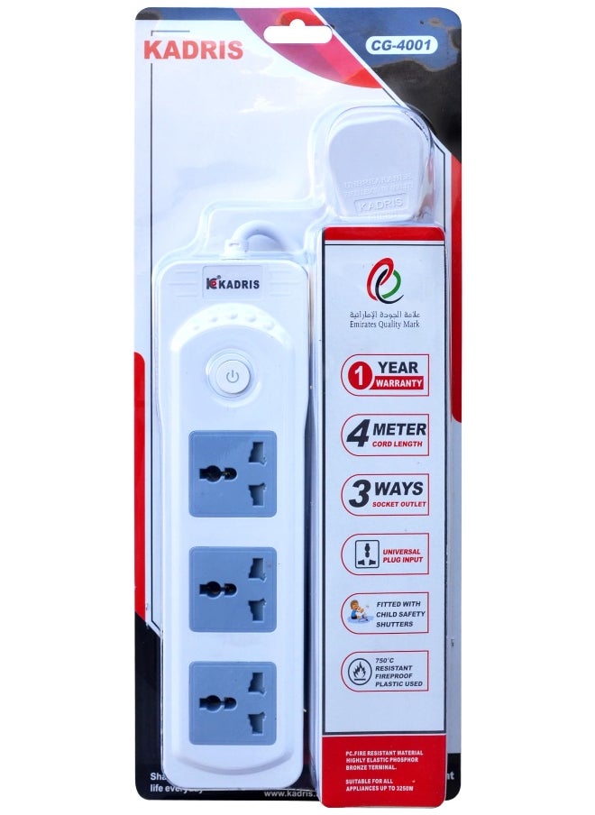 KADRIS - Power Strips CG-4001 Heavy Duty Extension Cord with 3 way Outlets with switch, Charging Socket with 4 meter Heat resistant  Extension Cord (White) ESMA approved - Image 1