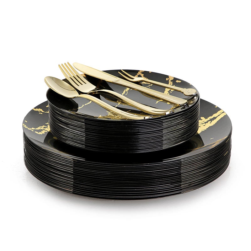 N9R 225pcs Black Gold Plastic Plates  Disposable Dinnerware Set Include 25 Dinner Plates  25 Dessert Plate  25 Plastic Silverware  25 Mini Forks  Gold Cups  Napkins and Table Cards Halloween - Image 2